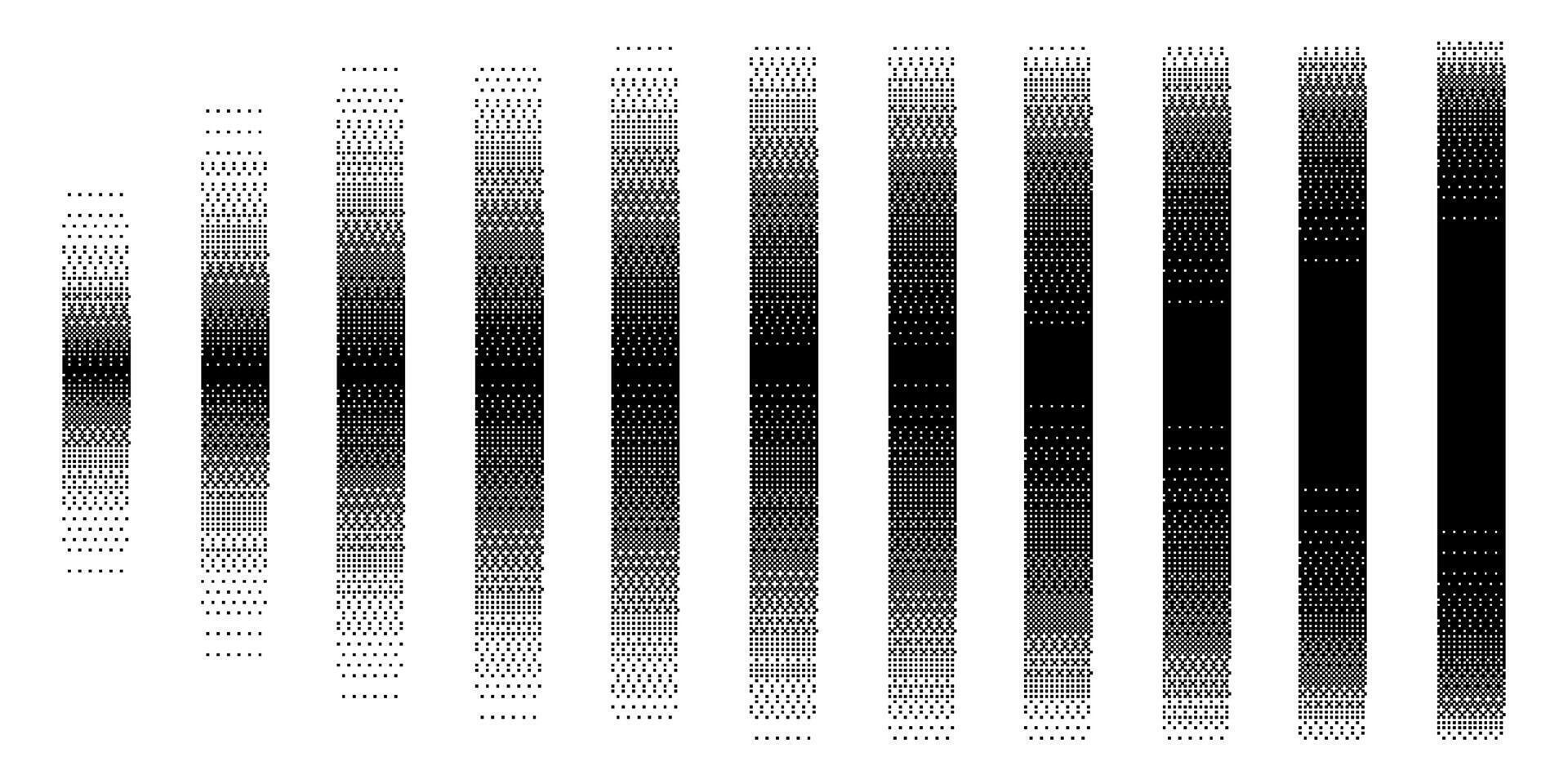 Pixel gradient fade pattern. Digital halftone gradients strips with dithering dots patterns, retro pixelated dividers and bitmap fading color transition shading effects. Dotted textures set vector