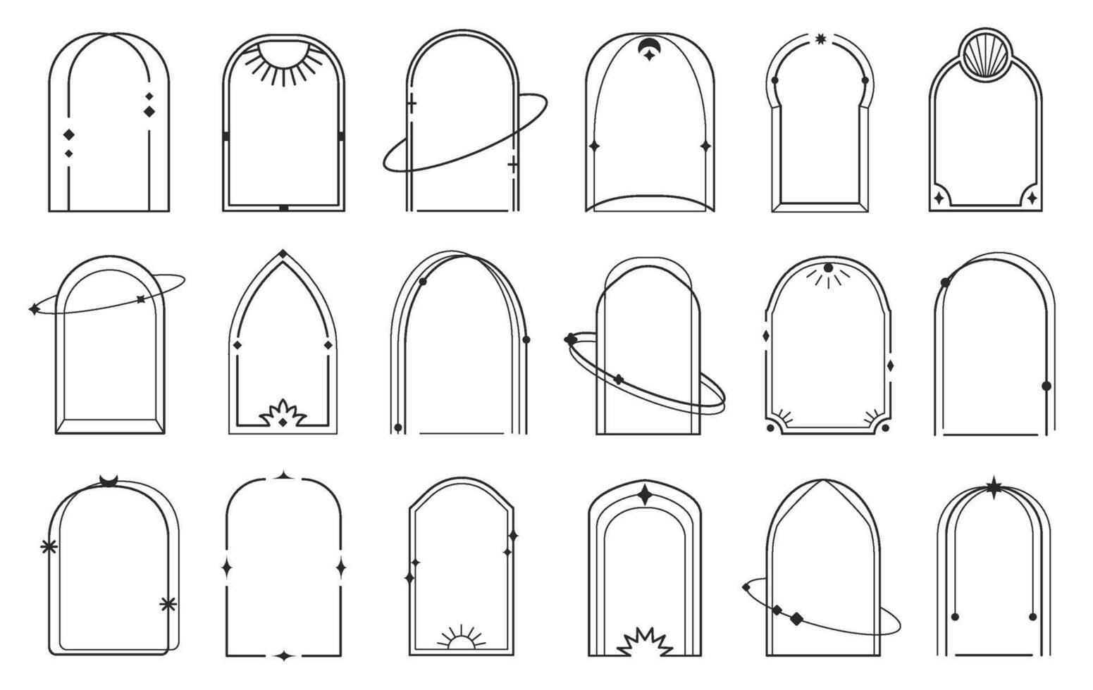 Linear boho arch frames. Bohemian arched borders shapes with stars, orbits and sun rays. Celestial and cosmic geometric minimalist decorative line art templates set with editable stroke path vector