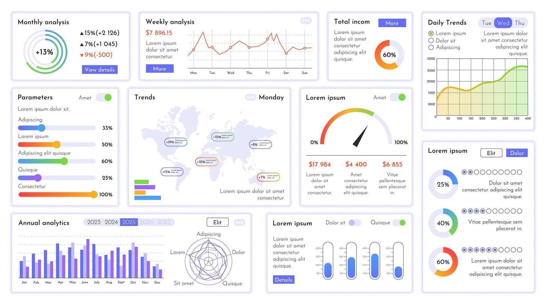 analítica panel. negocio Estadísticas gráficos, financiero gráficos y datos visualización widgets con bar cuadro, línea grafico, Progreso barras, velocímetro calibre y mundo mapa tendencias análisis conjunto vector