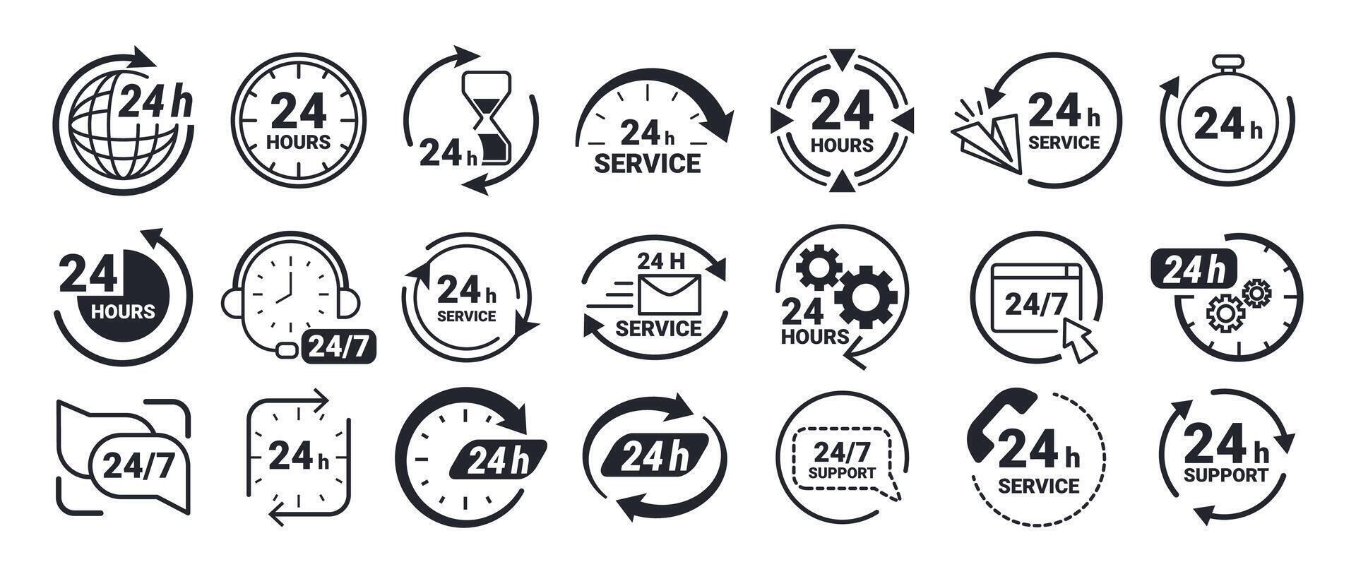 Twenty four hour icons. 24 7 service and support symbols, nonstop working time labels with clock, stopwatch, circular arrows and gear symbols. Availability hours set vector