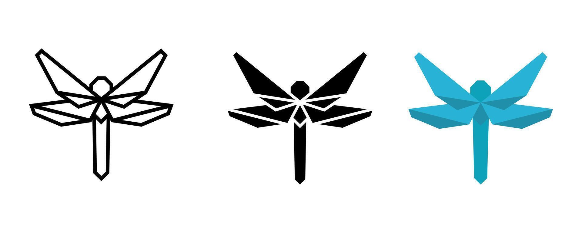 Dragonfly icon set. Geometric illustration of a dragonfly insect with a unique and modern design, presented in outline, solid black, and colored flat styles. vector