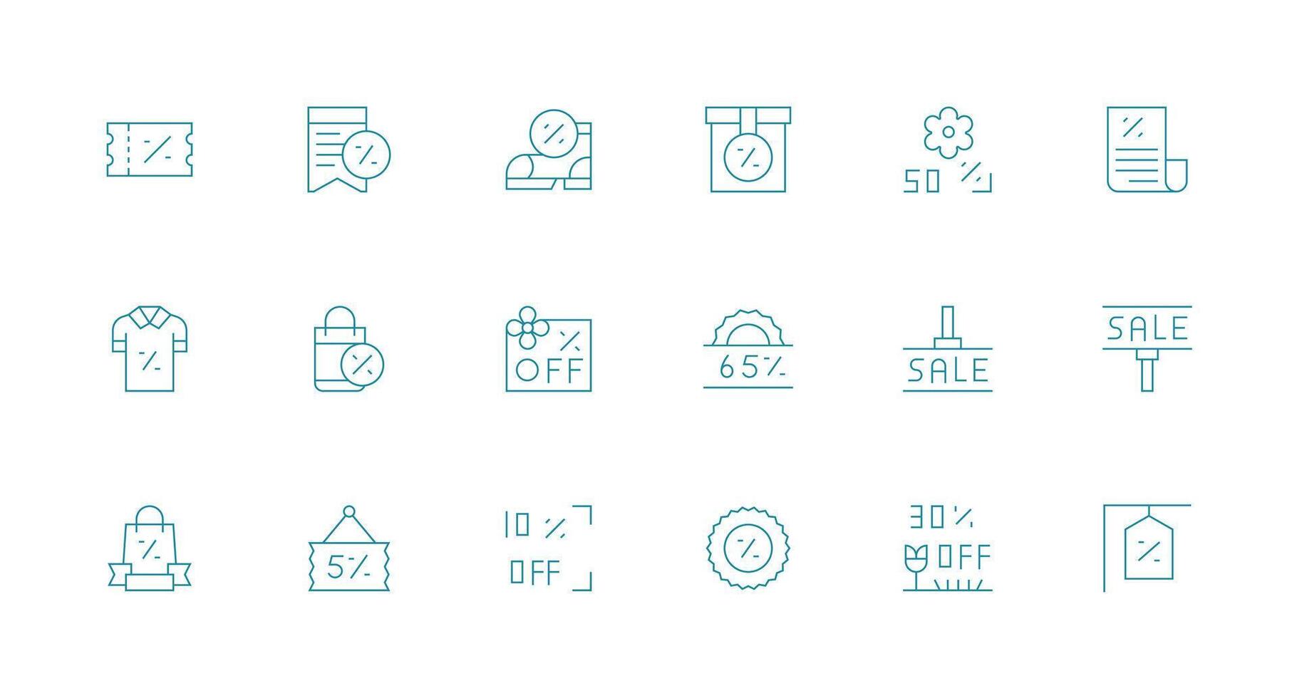 Price Reduction Design Icons featuring 18 in Minimal Line Style Quick Access Icons for UI Development vector