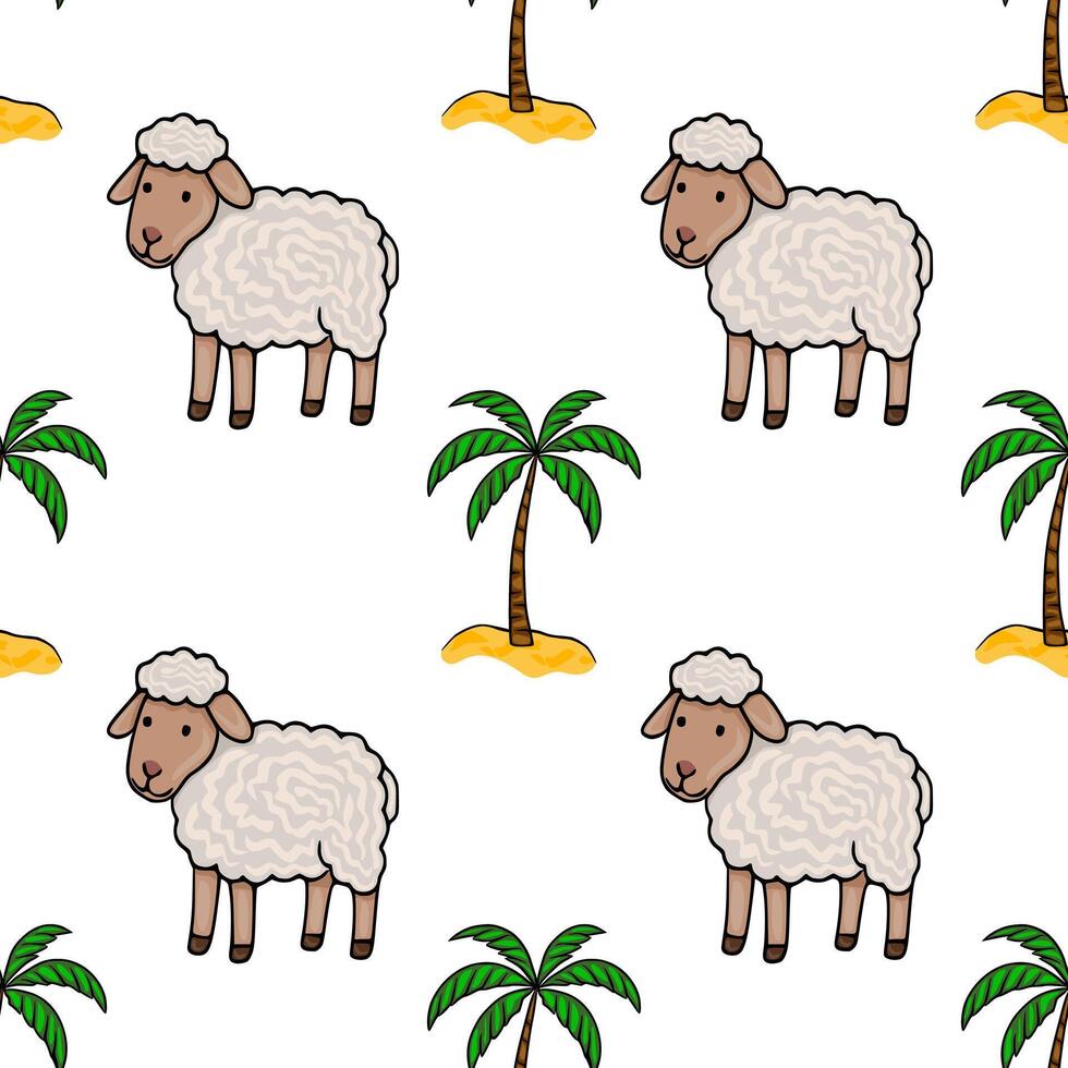 Seamless pattern featuring cute cartoon sheep and palm trees on a white background, creating a whimsical and playful tropical design ideal for textile prints or kids' products. vector