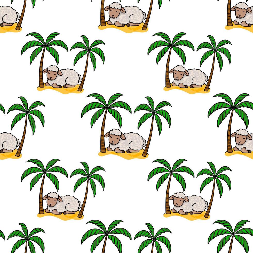 A whimsical seamless pattern featuring sleeping sheep nestled amongst vibrant palm trees on a sandy beach, creating a playful tropical paradise. vector