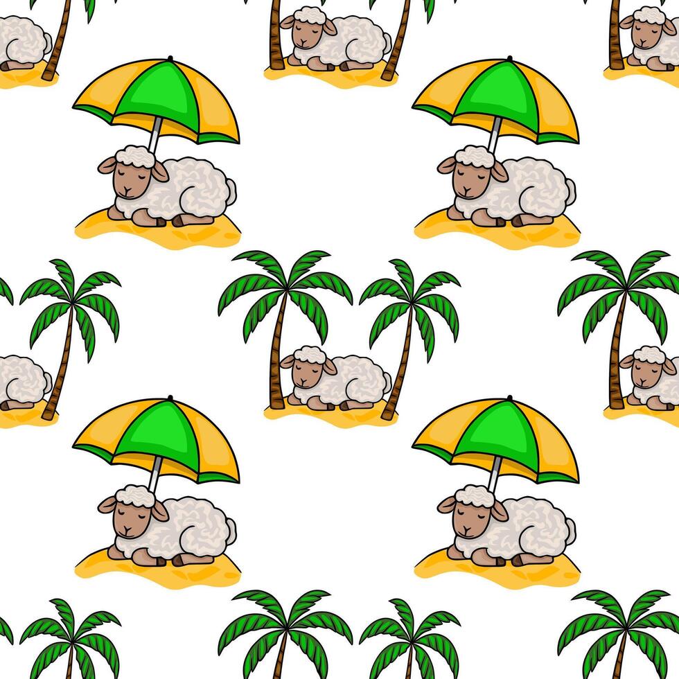 Seamless pattern of cute cartoon sheep relaxing under beach umbrellas on tropical islands, surrounded by palm trees, creating a playful summer vacation vibe. vector