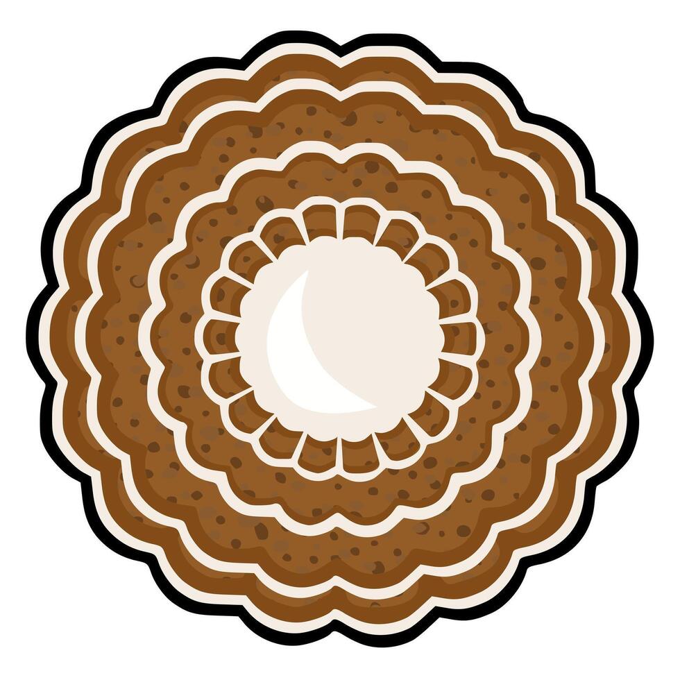 A whimsical illustration of a layered gingerbread cookie with a crescent shaped white icing center, featuring a brown and beige color palette and a textured surface. vector