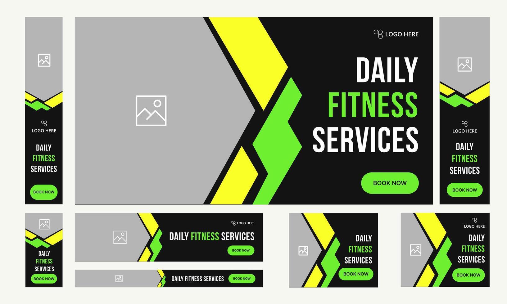 Customizable trendy body fitness services web bundle banner design for social media post, daily exercise methods web set banner design, fully customizable eps 10 file format vector