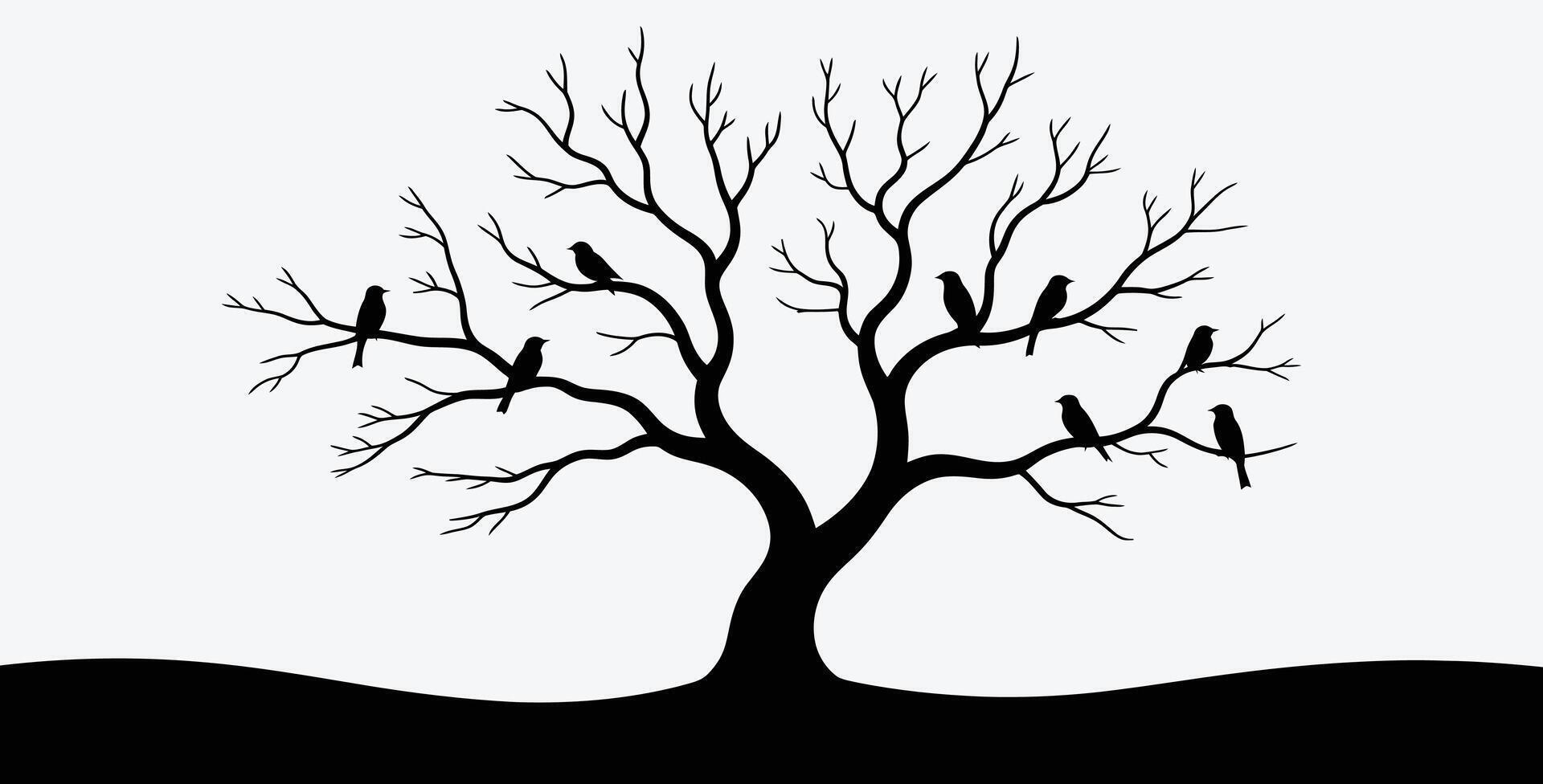 Silhouette tree with birds on branches simple and artistic image vector
