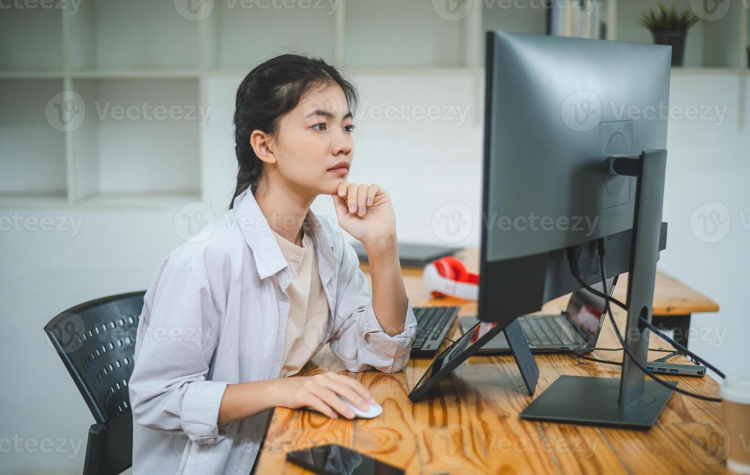 Female programmer working on coding, software development and web design. photo