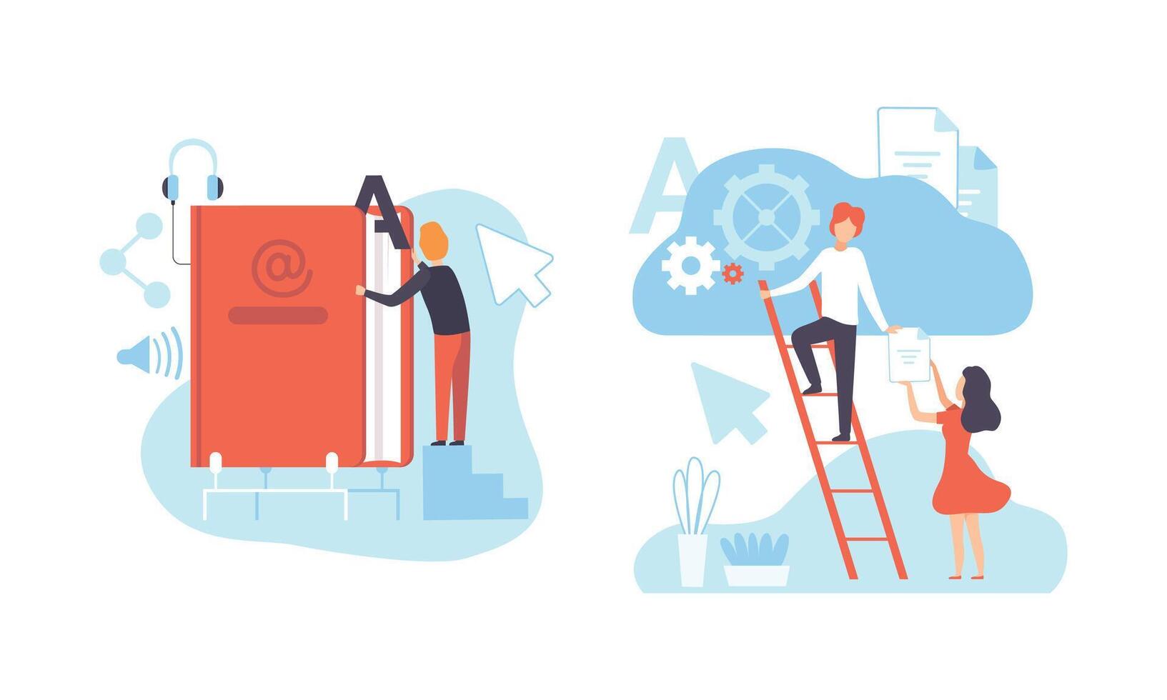 Digital Content Creating, Technology Process of Articles and Media Materials Uploading Flat Illustration vector