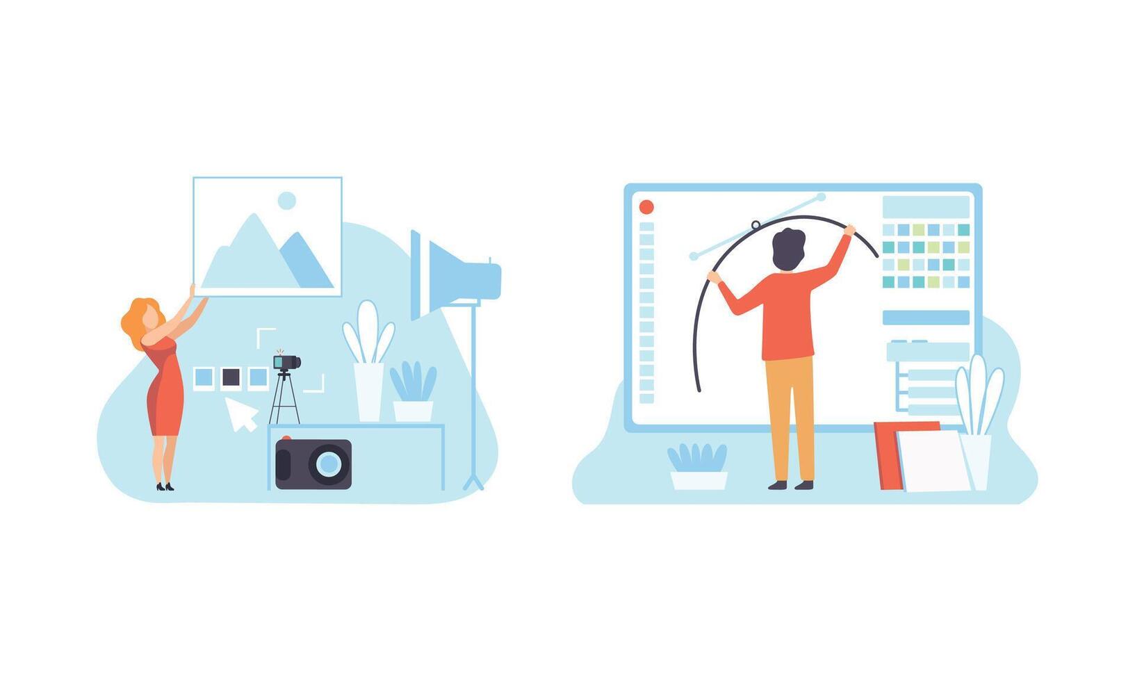 People Creating Digital Content, Technology Process of Software Development, Social Media Marketing Flat Illustration vector