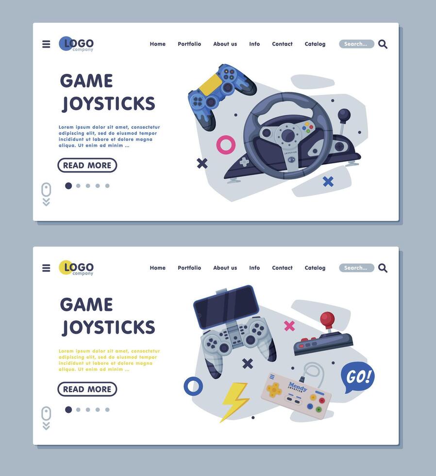 Game Joystick Landing Page Templates Set, Gamepads Controller Consoles Web Banners, Homepage Design Illustration vector