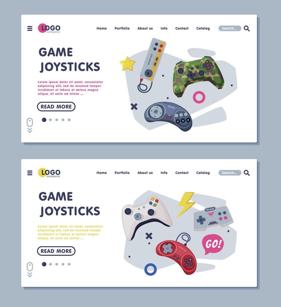 Game Joystick Landing Page Templates Set, Gamepads Controllers Web Banners Illustration vector
