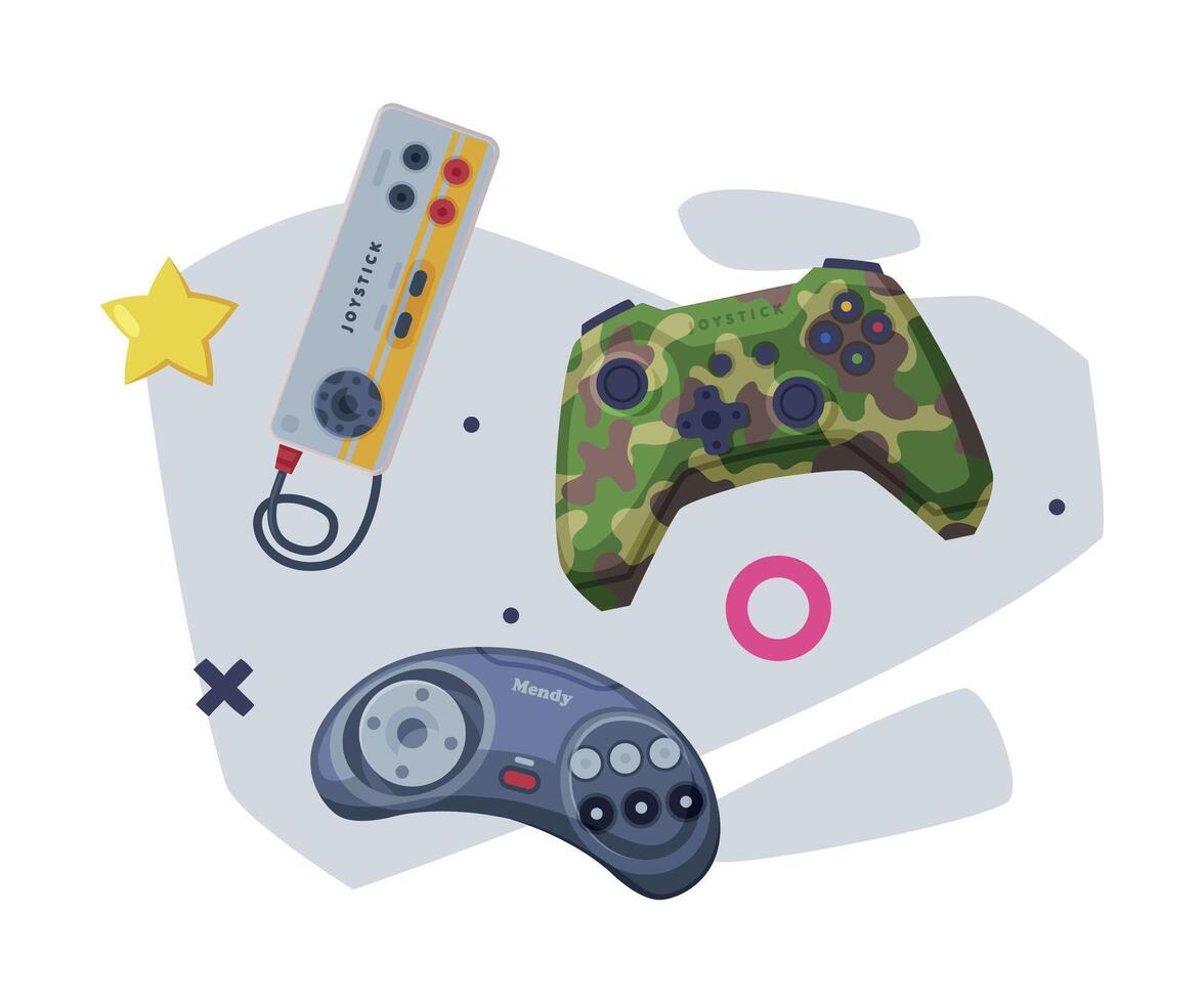 Game Joysticks Set, Retro Gamepads Controller Consoles Illustration on White Background vector