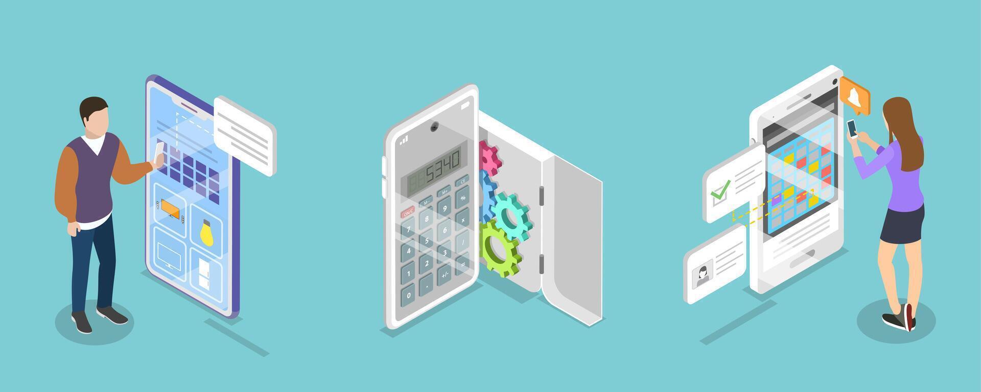 Person using mobile app and calculator vector