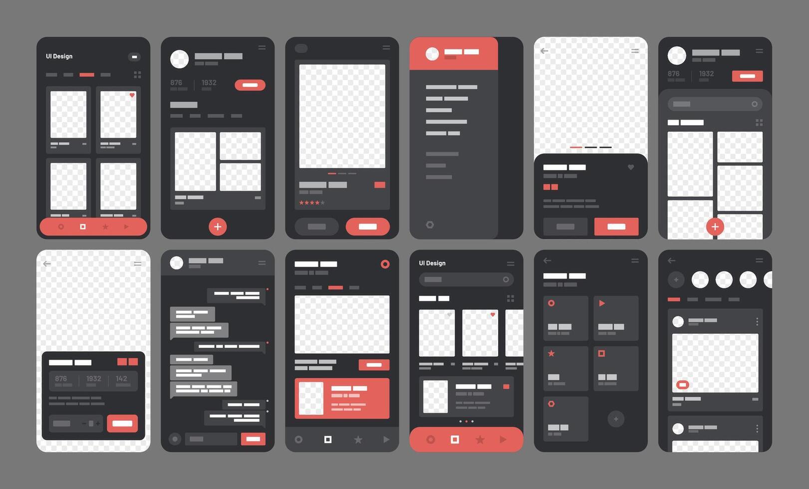 UI Kit elements for mobile app concept. Use for social media, online store. Wireframes screens. Flowchart. vector