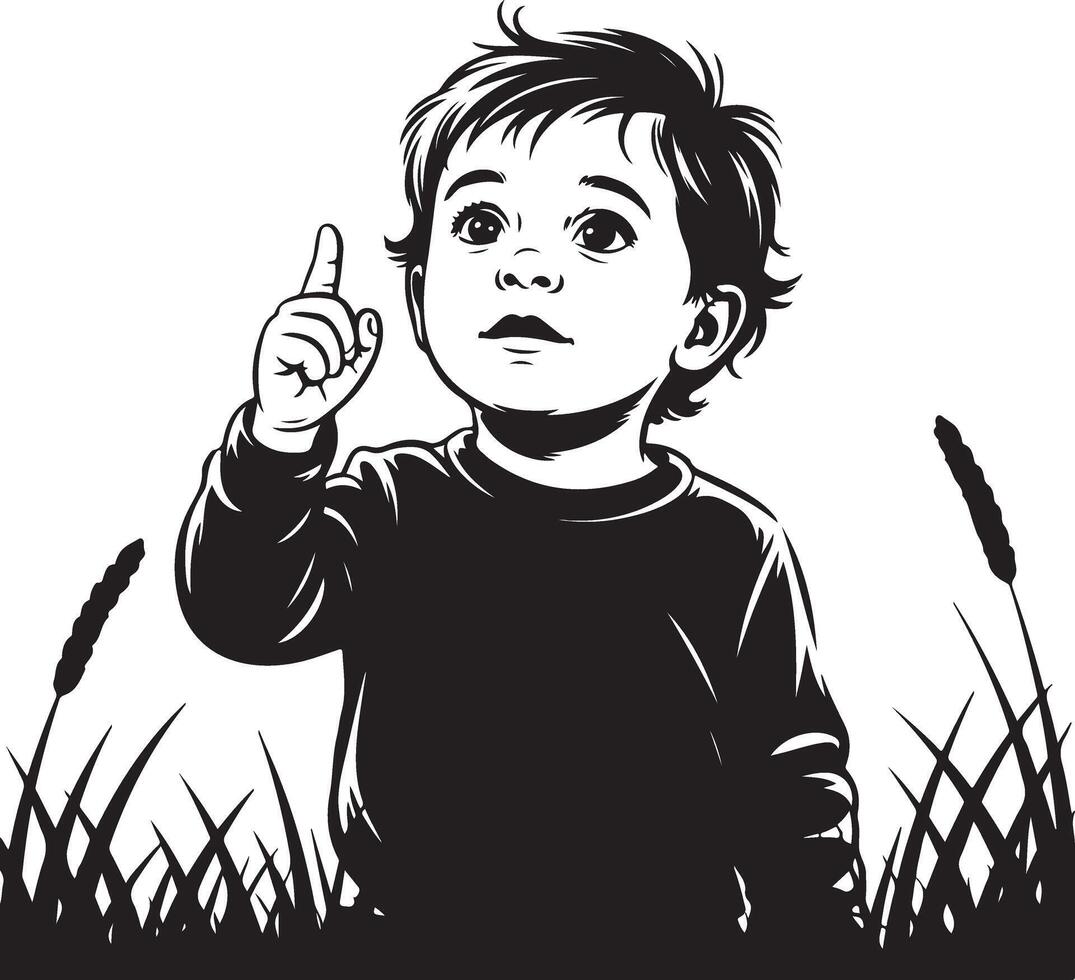 Curious Child Pointing Upward with Determination and Wonder in a Field Art vector