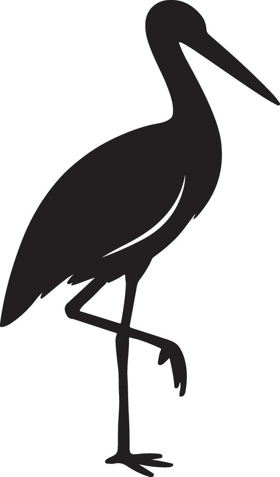 Elegant minimalist silhouette of a stork standing gracefully on one leg with its beak pointed forward against a clean white background for design projects vector