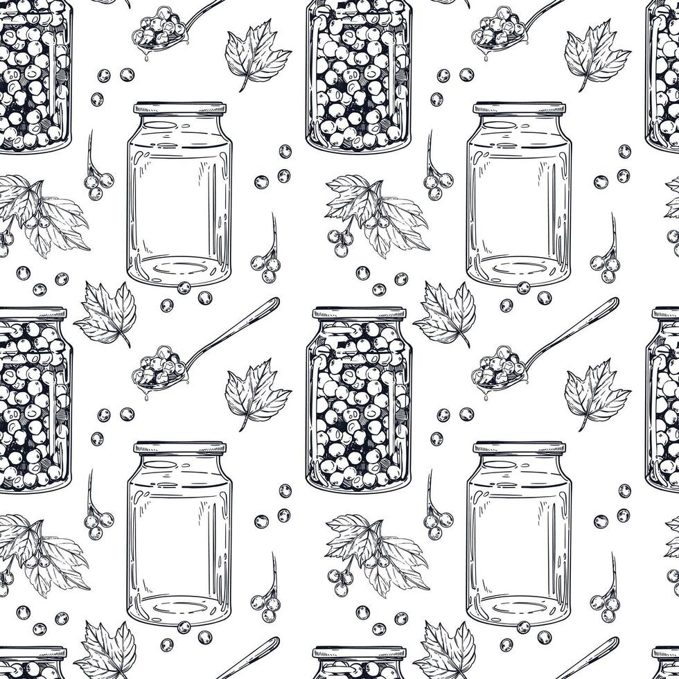 Seamless pattern from blanks, jam in jars, viburnum berries, leaves, spoons with jam. All objects are hand-drawn with ink. Illustration is suitable for printing on paper, fabric, for design. vector