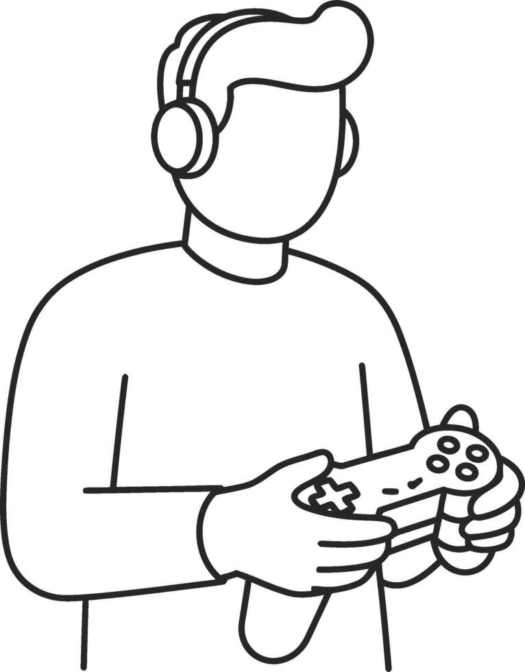 Line Art Man with Headphone Playing Game Using Controller Illustration vector