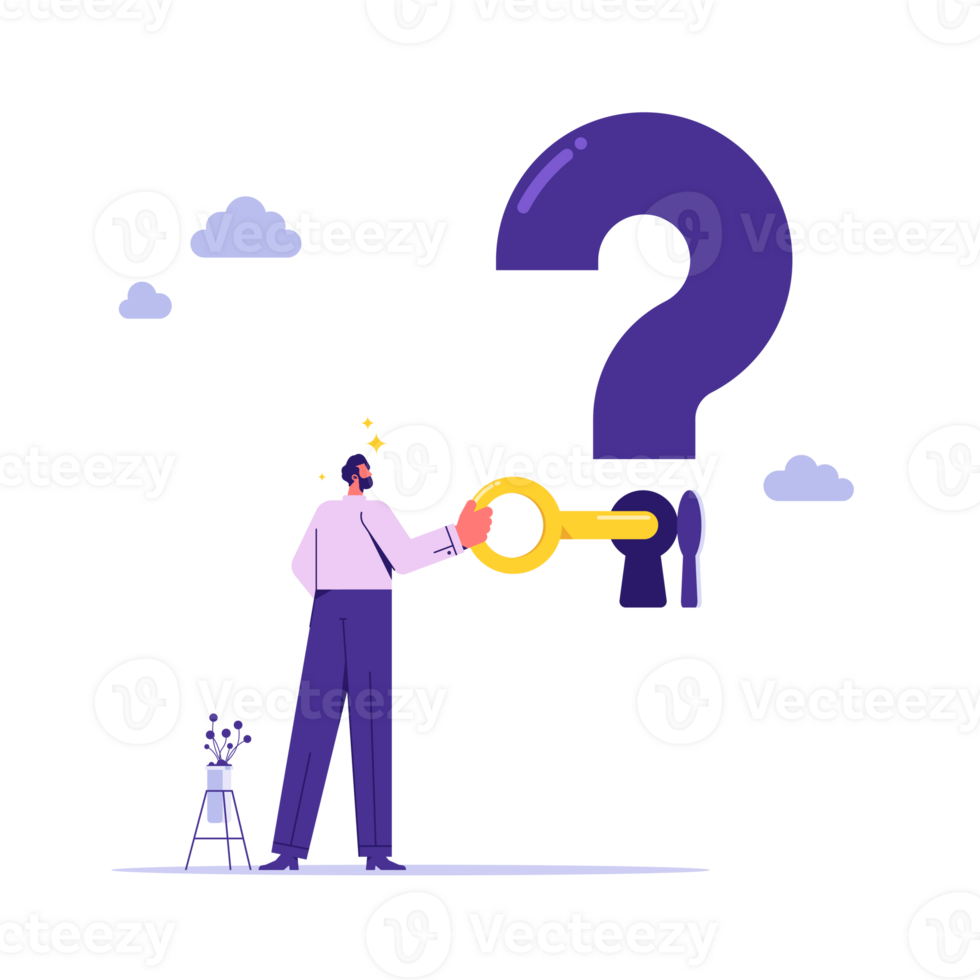 Key to unlock answers for problem and questions concept, solving problems, overcoming obstacles, businessman holding big key to unlock keyhole on question mark sign png