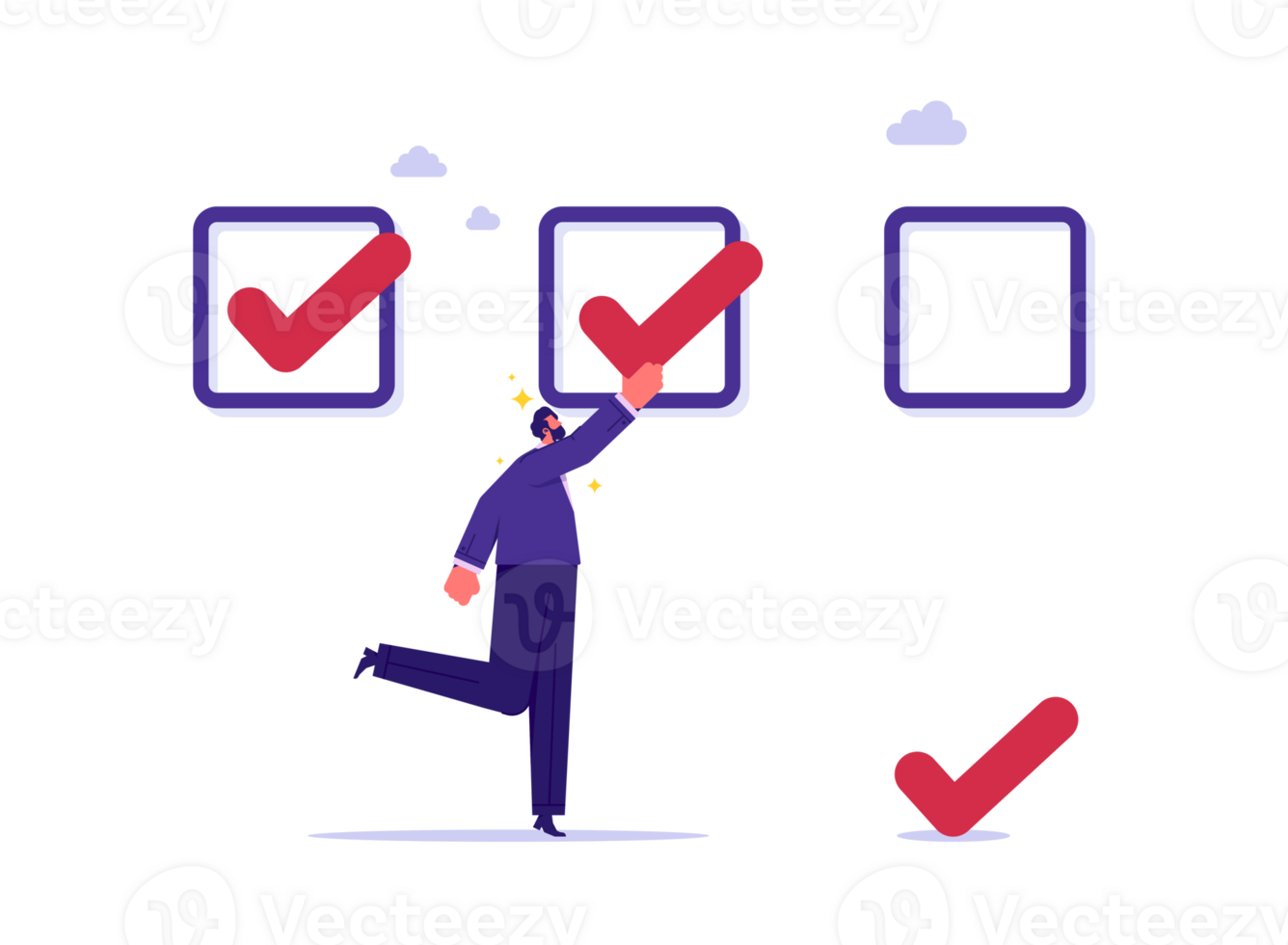 Project management or process plan concept, completed checklist, finishing project tasks or work done conclusion, businessman add checkmark on project list checkbox as completed png