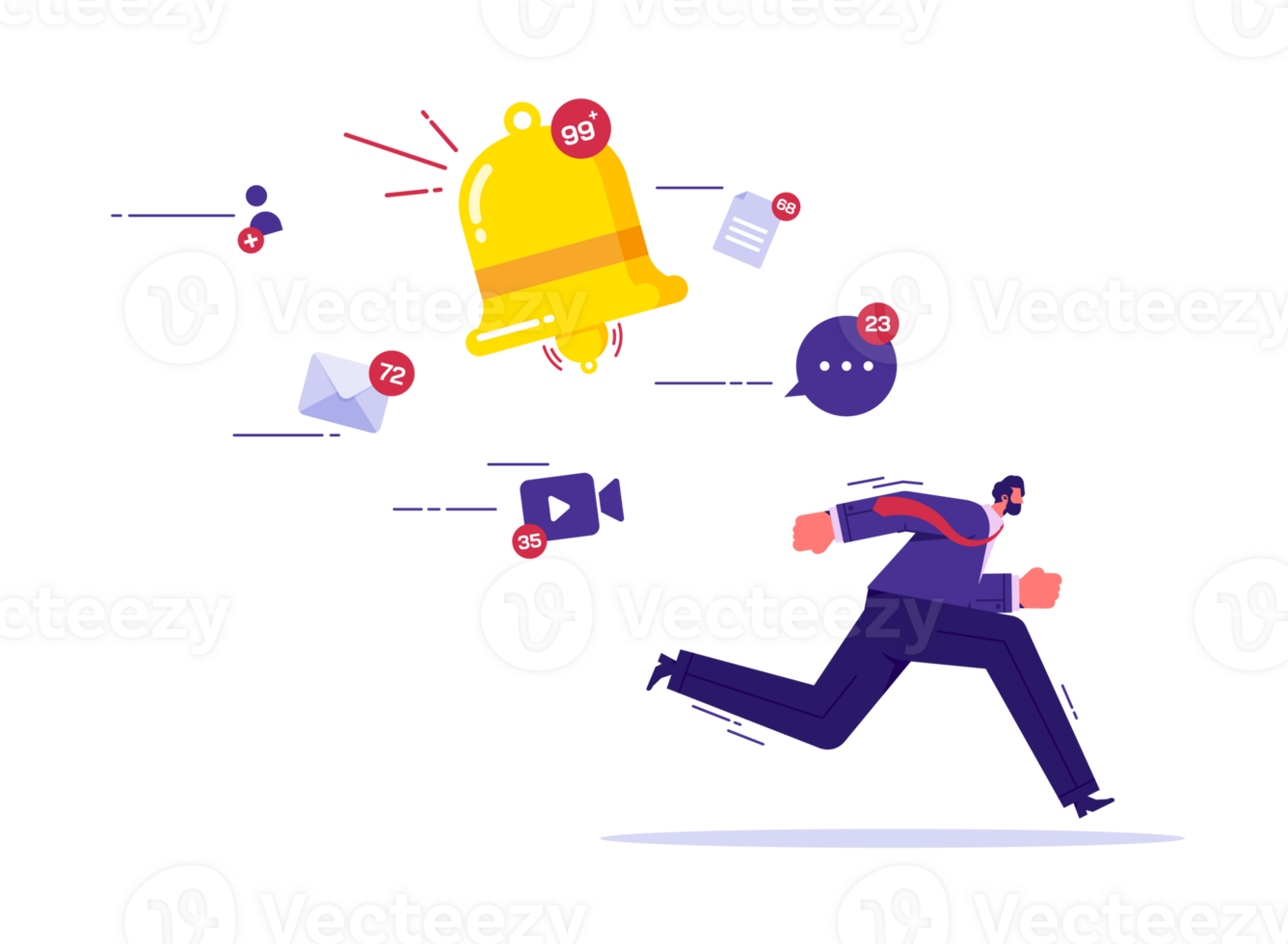 Online message sound, marketing push notifications, annoy notifications disturbing pop up, businessman running away from notes, email and ringing bell notifications png