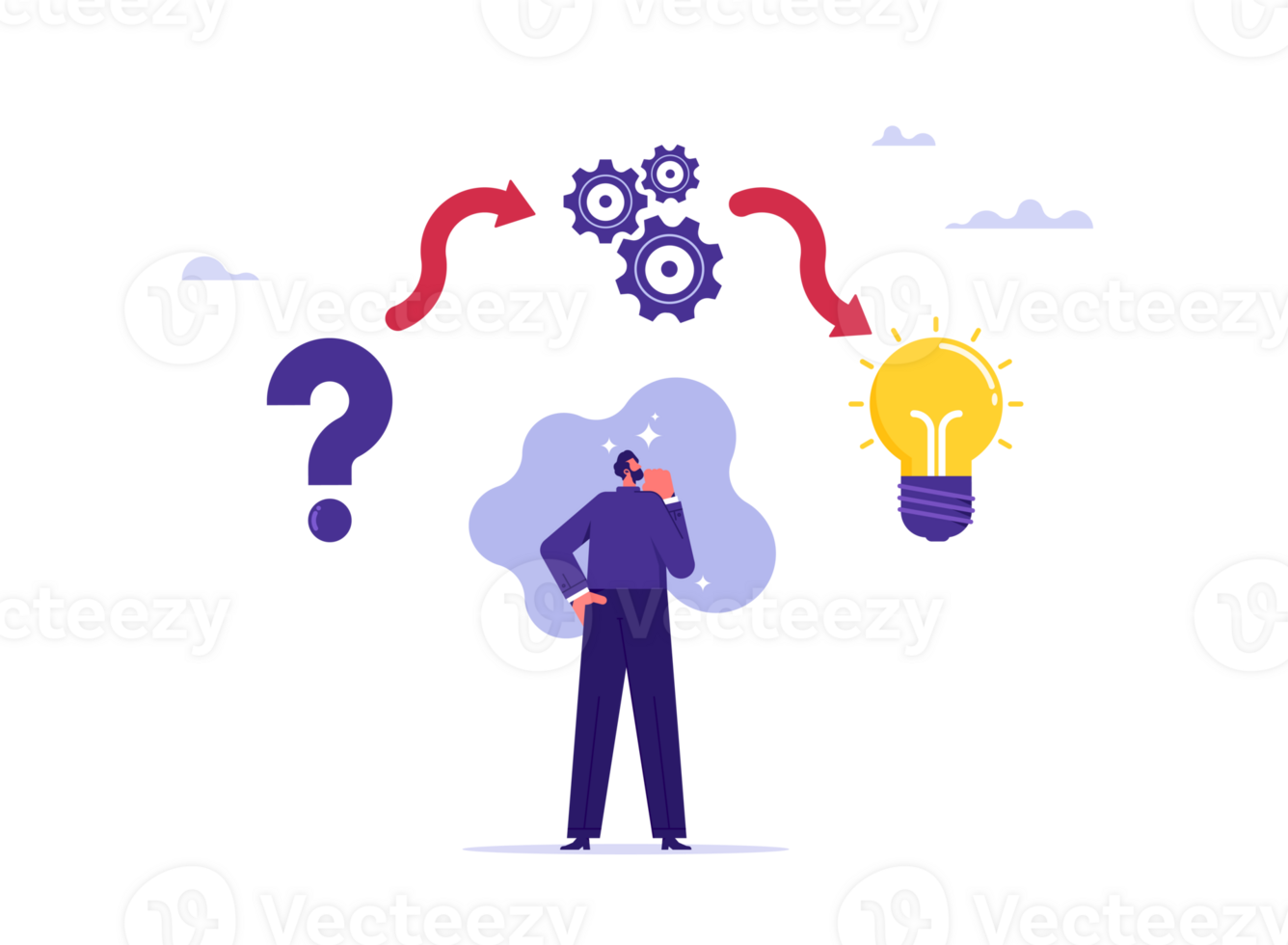 Thinking or problem solving process concept , solution to solve problem, asking question and answer, businessman think of solution to solve problem png