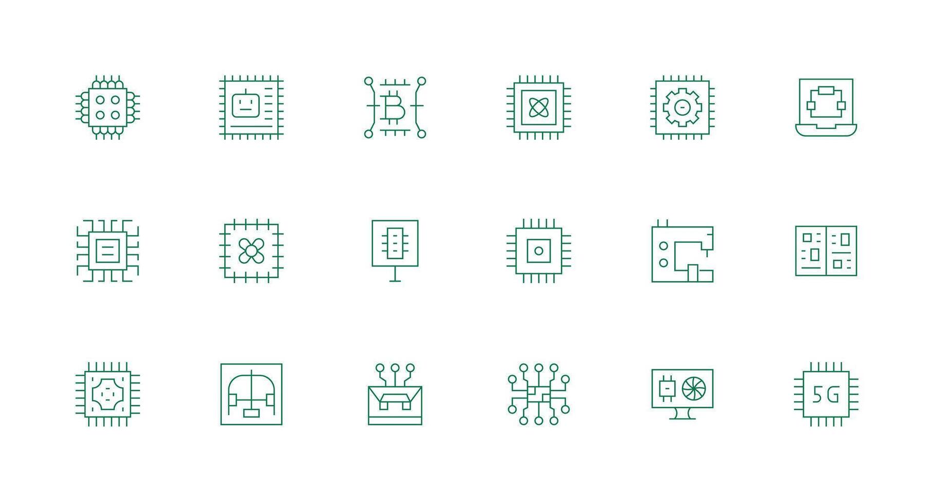 Processor Icon Set with 18 Minimal Line Graphics Design Icon Pack vector