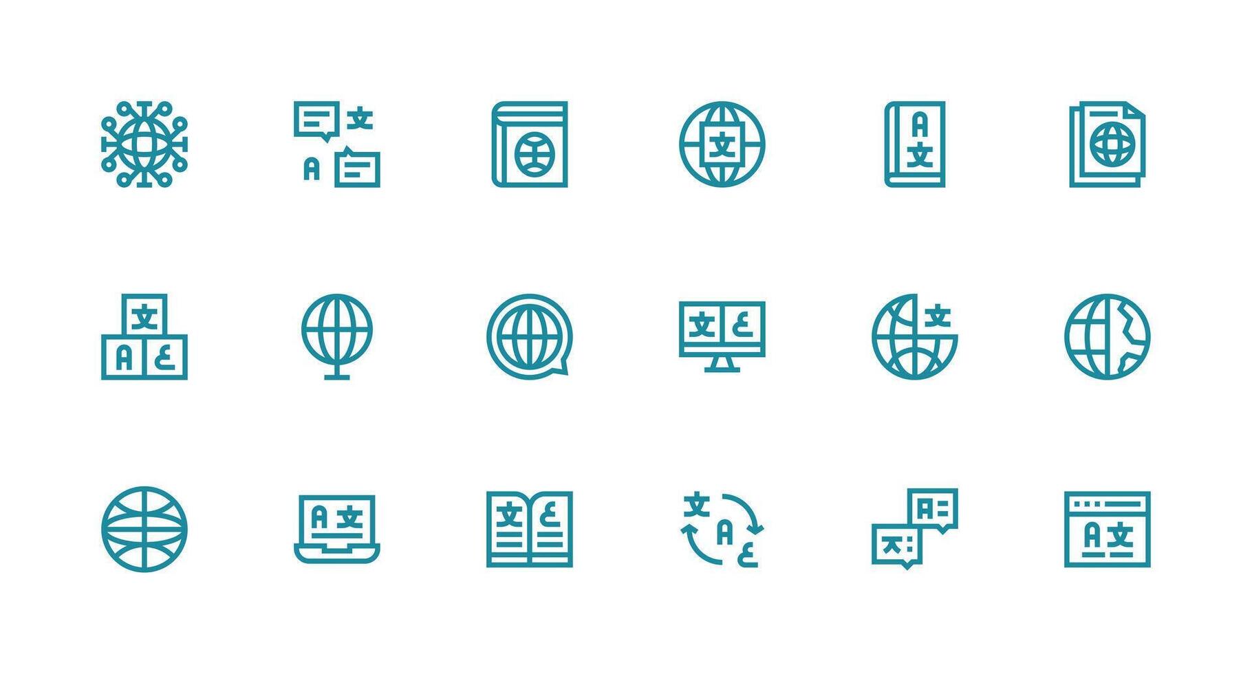Multilingual Design Icons featuring 18 in Strong Stroke Line Style Complete Icon Bundle for Web Design vector