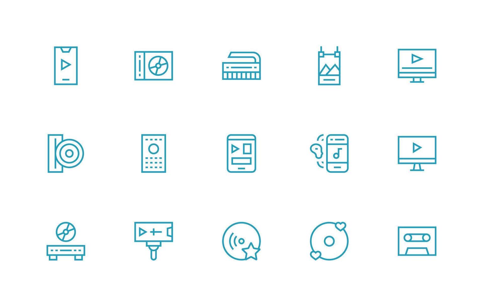 15 Media Player Icons in Regular Line Aesthetic Lightweight Icon Series for Fast Prototypes vector