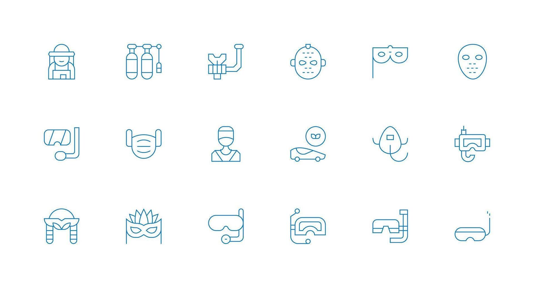 Mask Visual Pack containing 18 Minimal Line Icons Simple Icons for Interface and Wireframes vector
