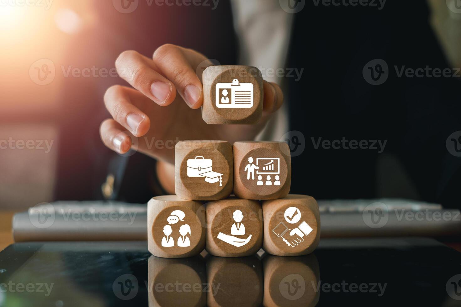 A focused trainee in a contemporary office setting, utilizing technology and training resources for skill development and career growth. photo