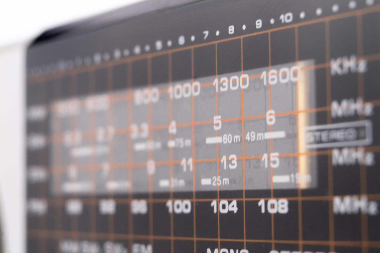 Close-up of an Analog Radio Tuner Display with Frequency Numbers and Grid Lines. photo