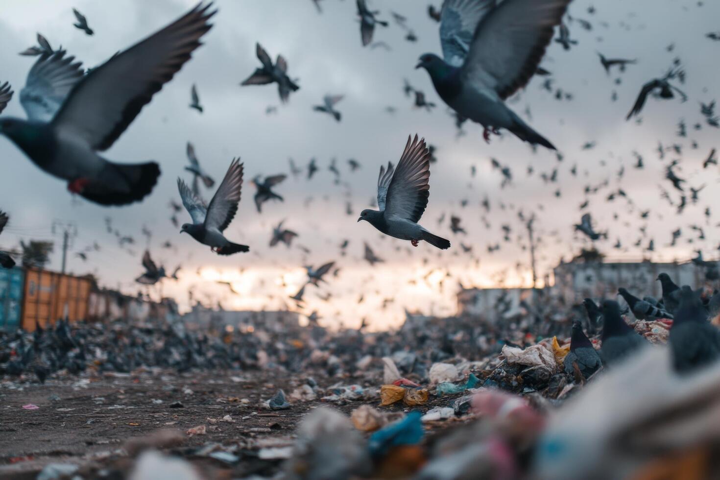 A flock of pigeons flying over a garbage dump 70664153 Stock