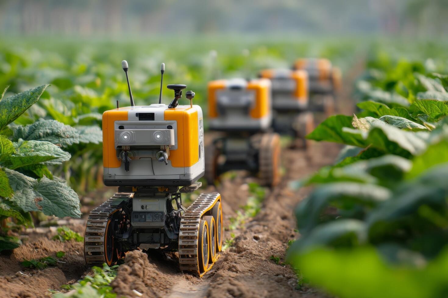 A line of small robots in a field photo