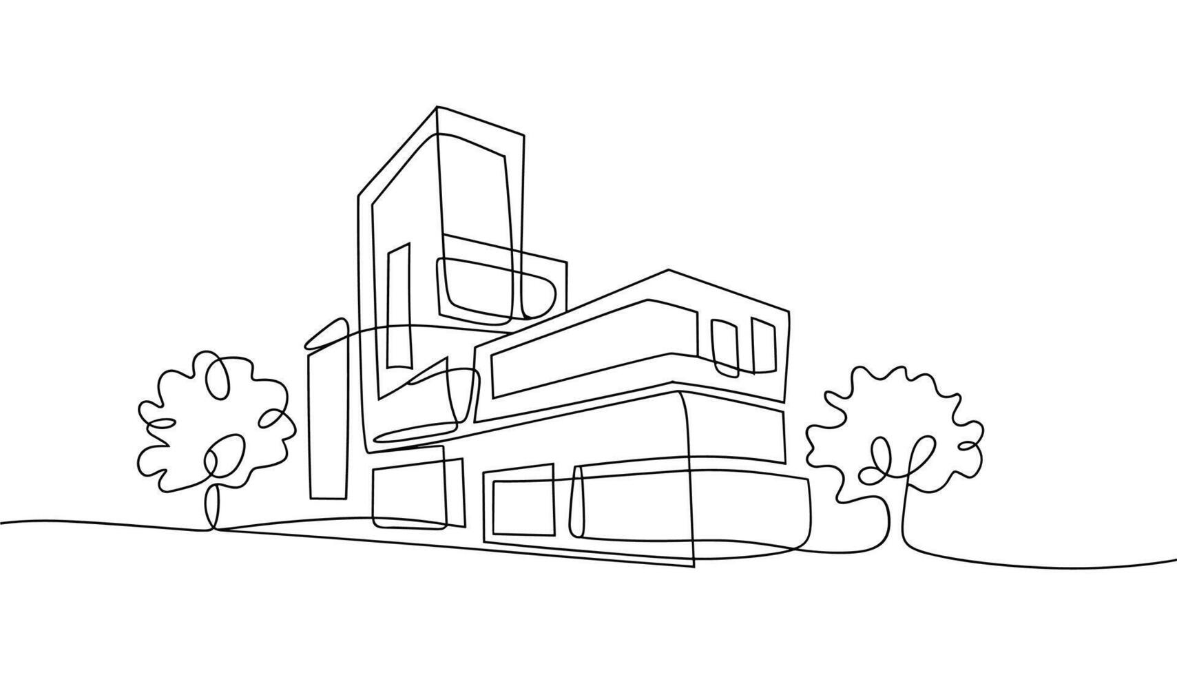 Modern Building and Trees Single Line Drawing architecture vector
