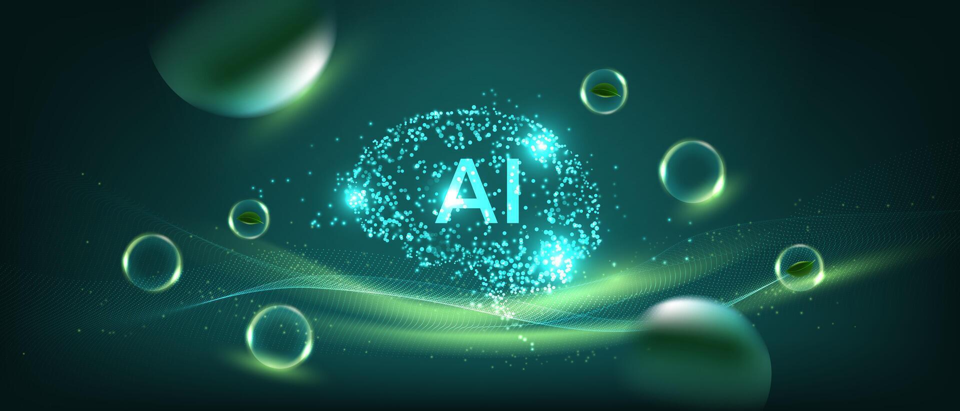 Futuristic AI concept with eco friendly theme. Abstract glowing particles form a brain shape with Ai text, combined with green wave lines and environmental elements. vector