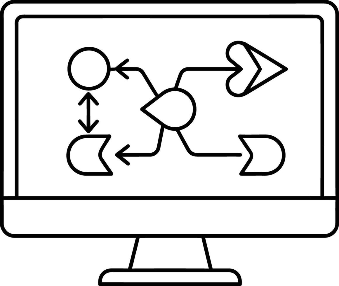 Computer monitor displays flowchart with various shapes and directional arrows vector