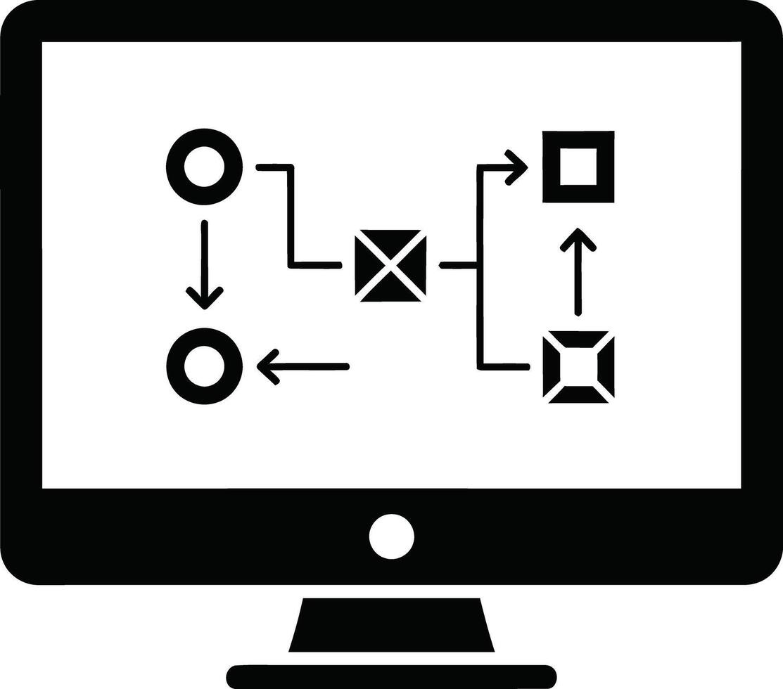 Computer displaying a flowchart with process steps and decision points vector