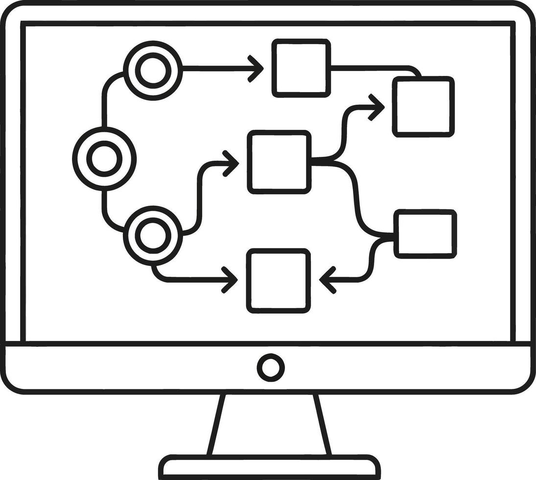 Computer screen displaying a flowchart with circles and squares connected by arrows vector