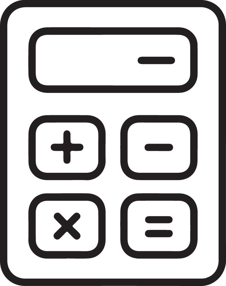 Simple black and white line art icon of a basic calculator with arithmetic symbols vector