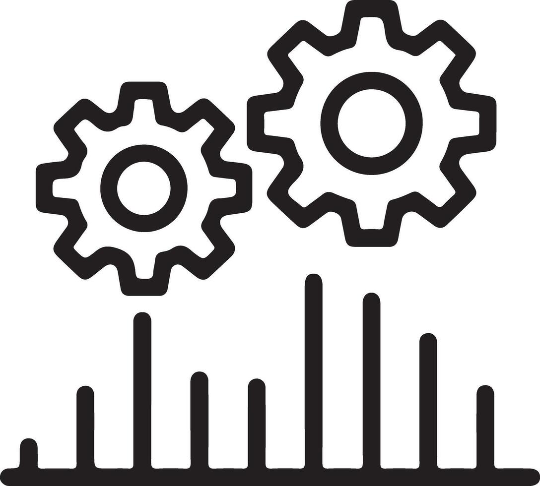 Two interlocking gears above a bar graph representing data and analytics vector