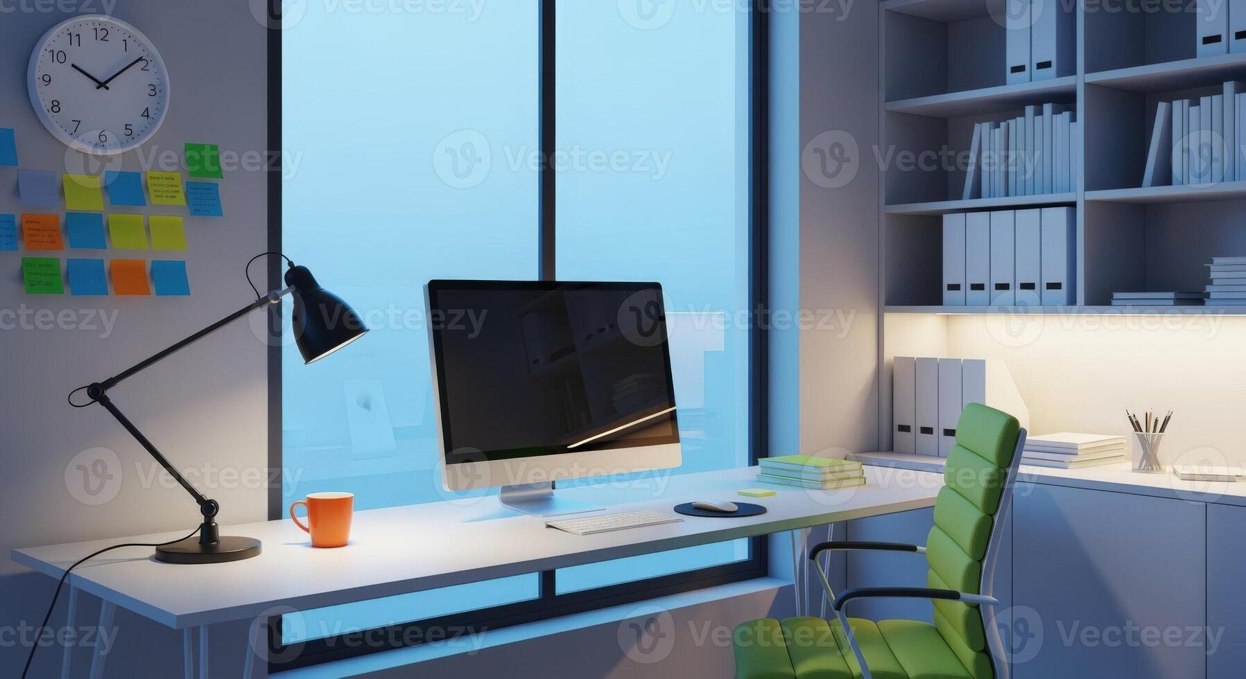 Modern Home Office Setup with Desk, Computer, Lamp, and Shelving Unit in Evening Light photo