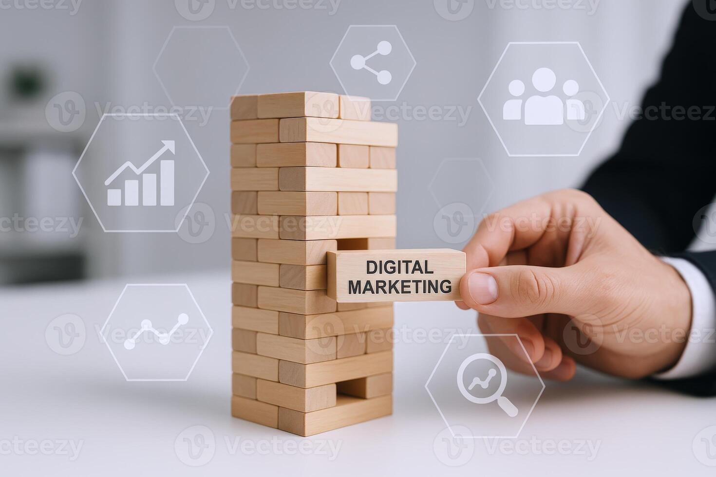 Digital Marketing Strategy Concept Hand Pulling Wooden Block from Tower with Digital Overlay Icons photo