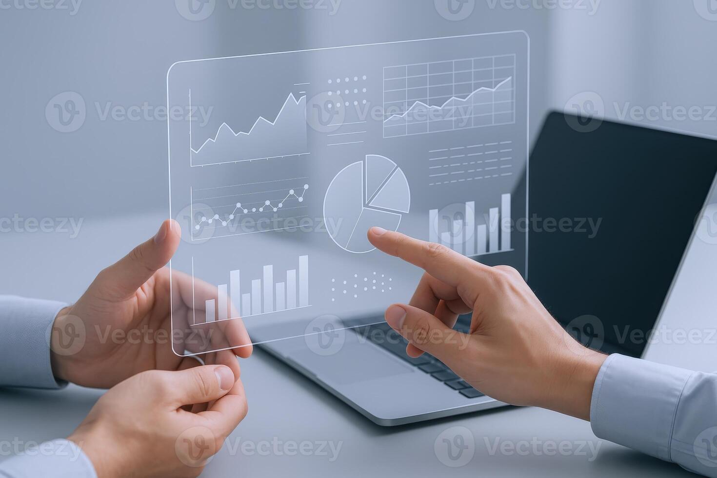 Data Analysis on Transparent Screen Displayed on Laptop, Modern Technology Showing Charts and Graphs photo