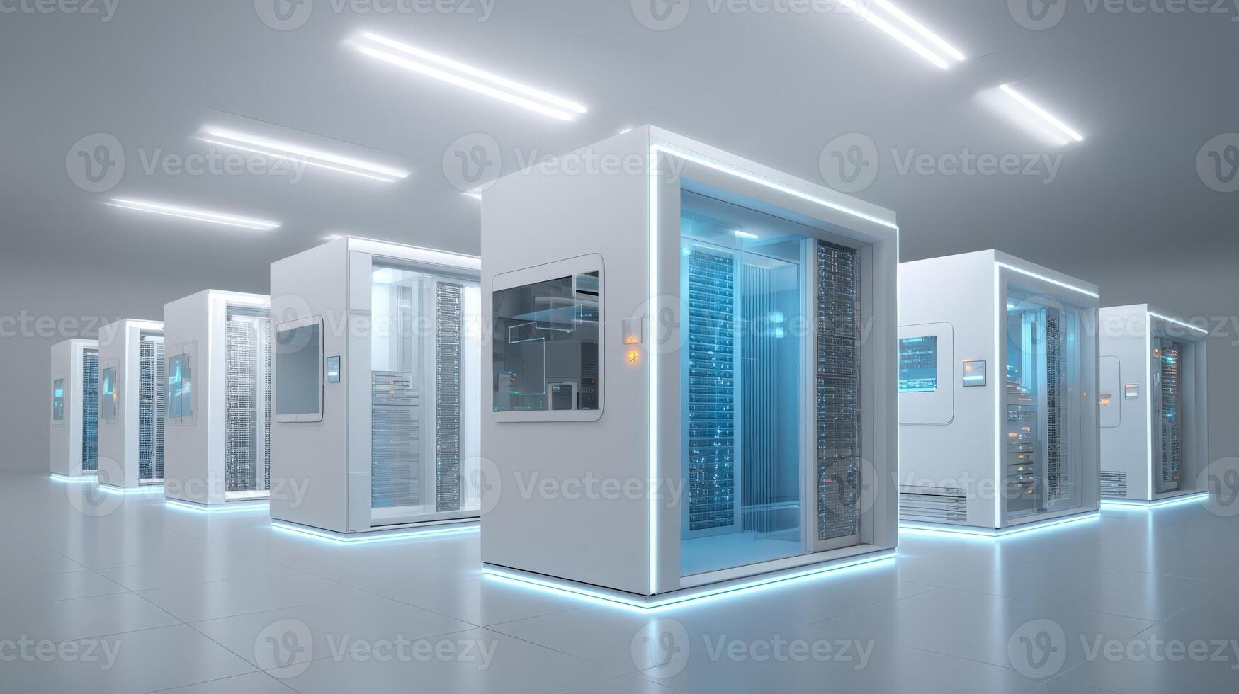 Data Center Infrastructure Modern Server Room with Rows of White Server Racks and Blue Lights photo