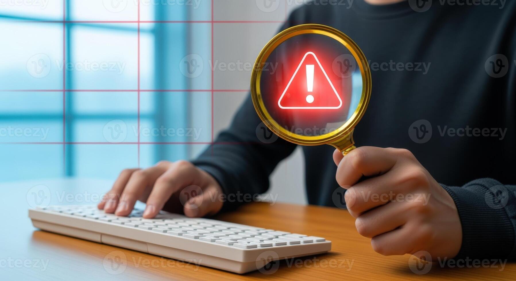 Cybersecurity Threat Detection Magnifying Glass Highlighting a Warning Sign on Screen, Emphasizing Vulnerability and System Security Issues photo