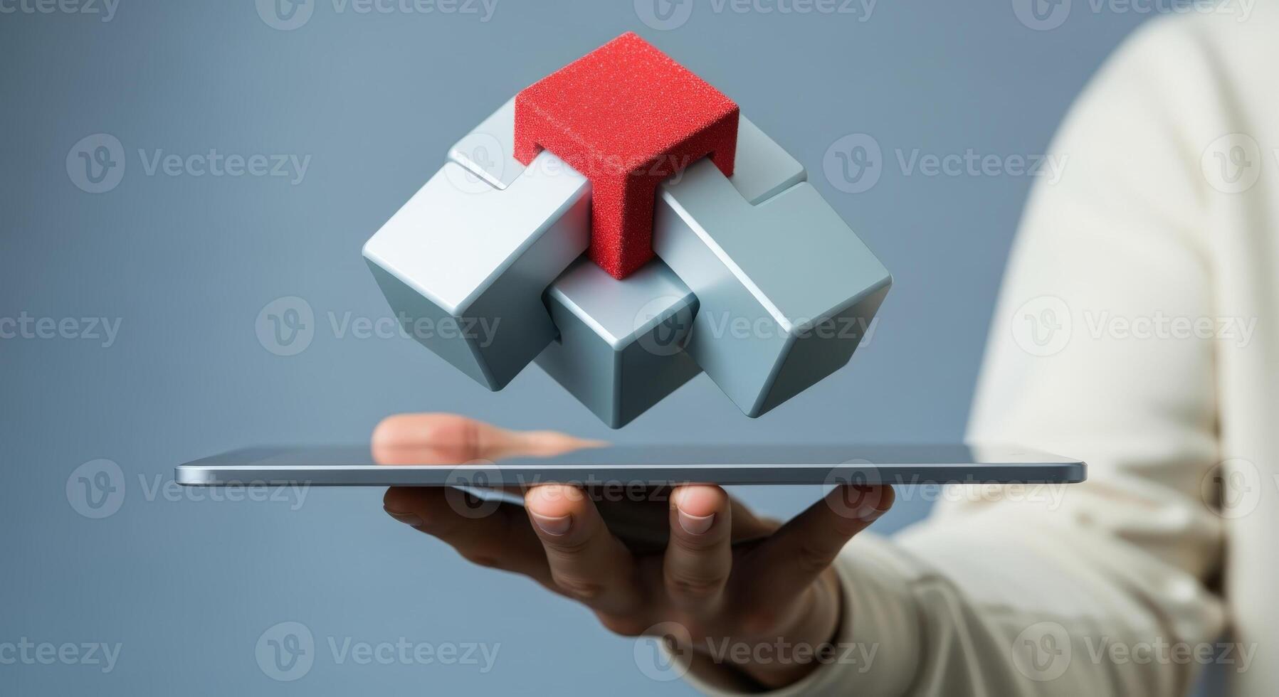 Hand Holding Tablet Presenting Interconnected 3D Cubes Concept of Integration, Solutions, and Technology photo