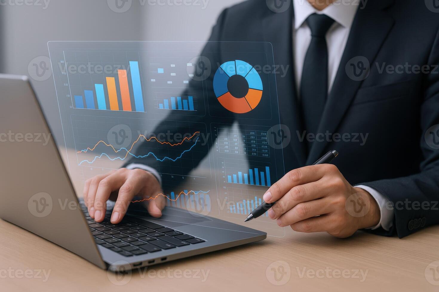 Businessman Analyzing Data Visualization on Laptop Screen Displaying Business Growth and Financial Statistics Charts photo